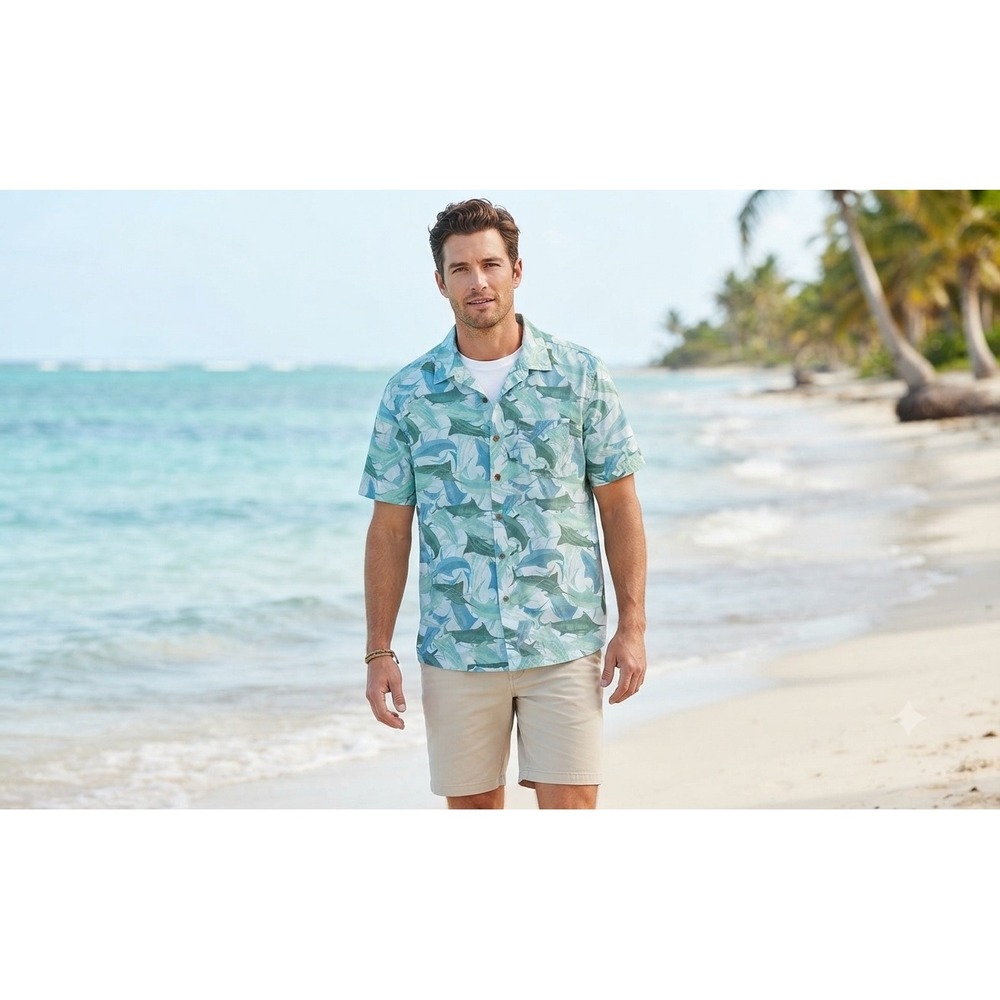 Eddie Bauer Mens Tall XL Marlin Fish Print Short Sleeve Cotton Button Up Shirt‎
